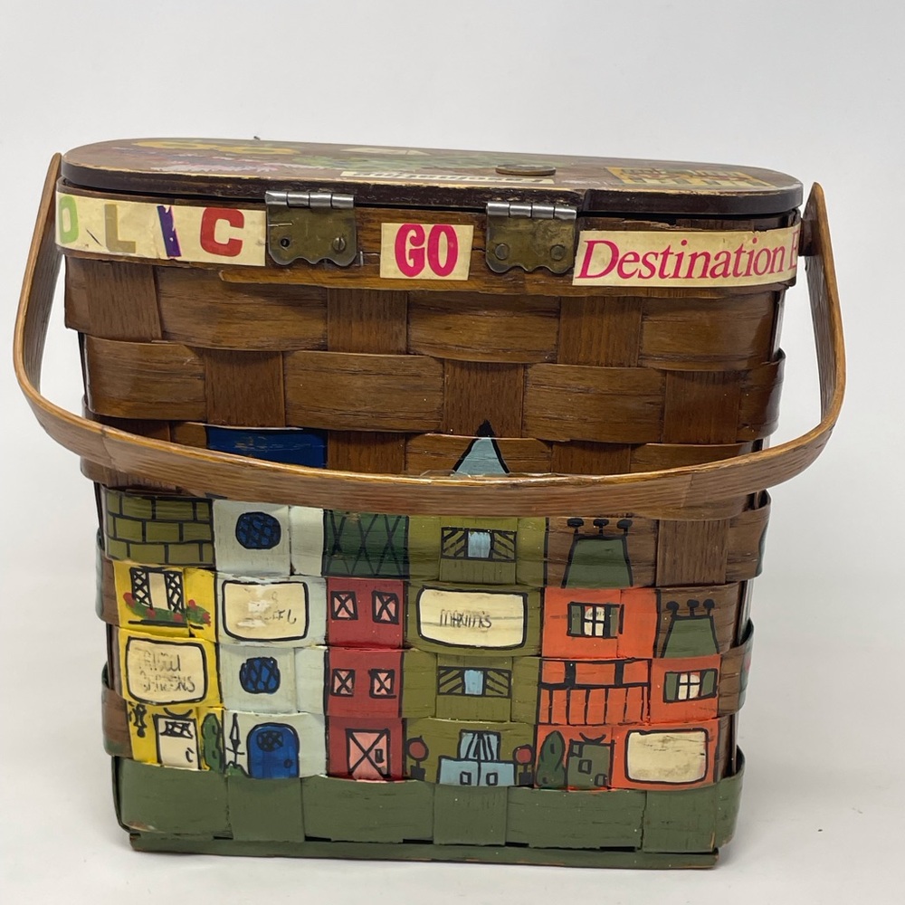 Caro Nan Handmade Painted Vintage USA Lidded Lined Basket Purse Tote Folk Art - Picture 7 of 14